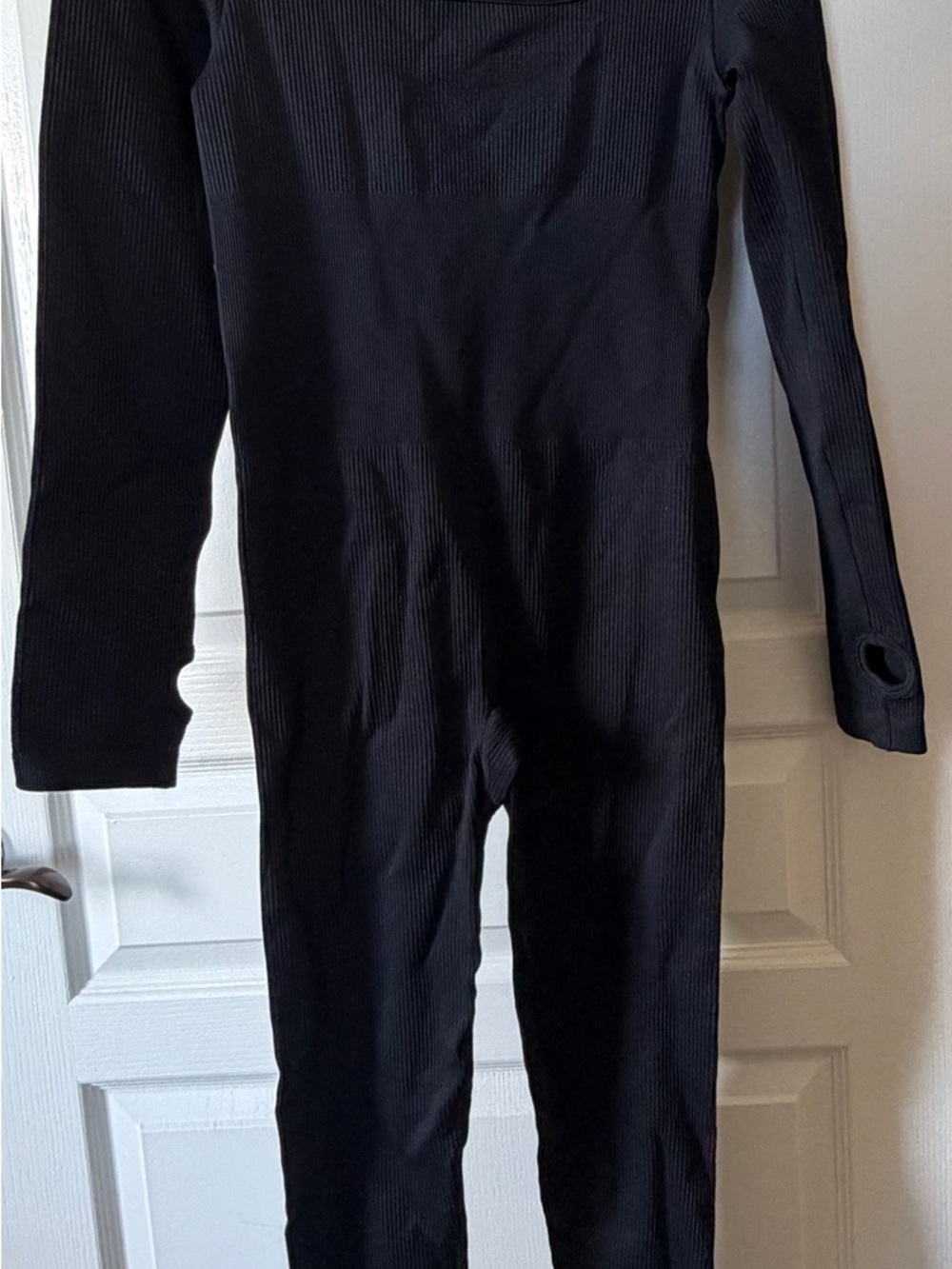 Black Ribbed Long-Sleeve Jumpsuit
